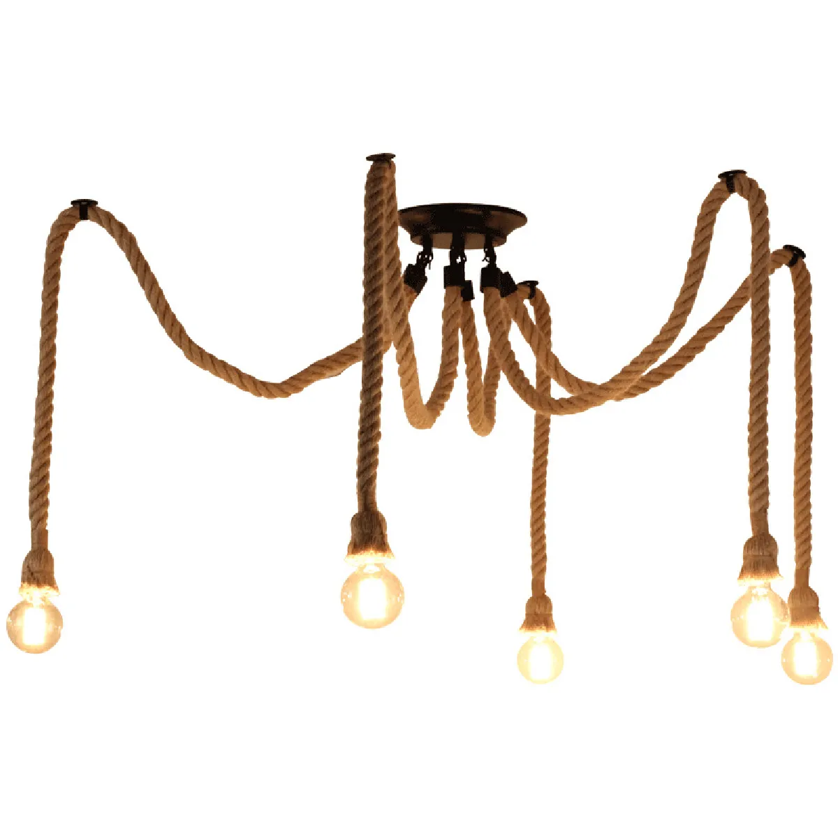 Rétro Lustre Suspension Araignee Corde de Chanvre avec 5 Bras E27 Douille, Industriel Lampe DIY 2.0m Fil Longueur Ajustable Luminaire Décoration Chambre Restaurant Bar