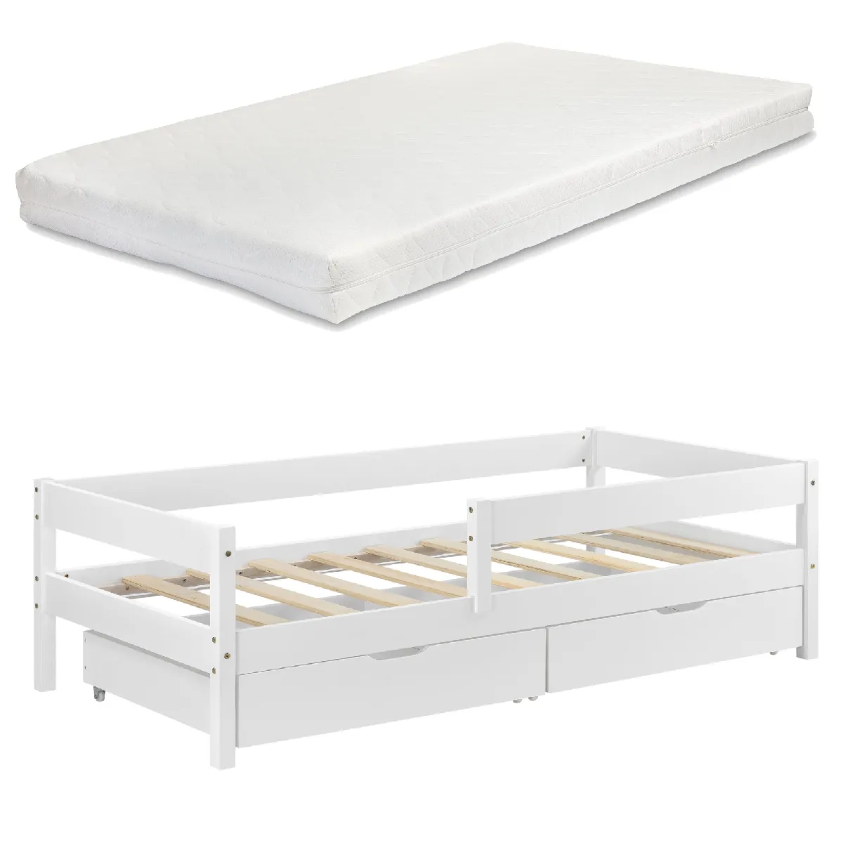 Lit pour enfant avec barrière anti-chute sommier matelas et tiroirs de rangement bois de pin blanc 90 x 200 cm 03_0005421