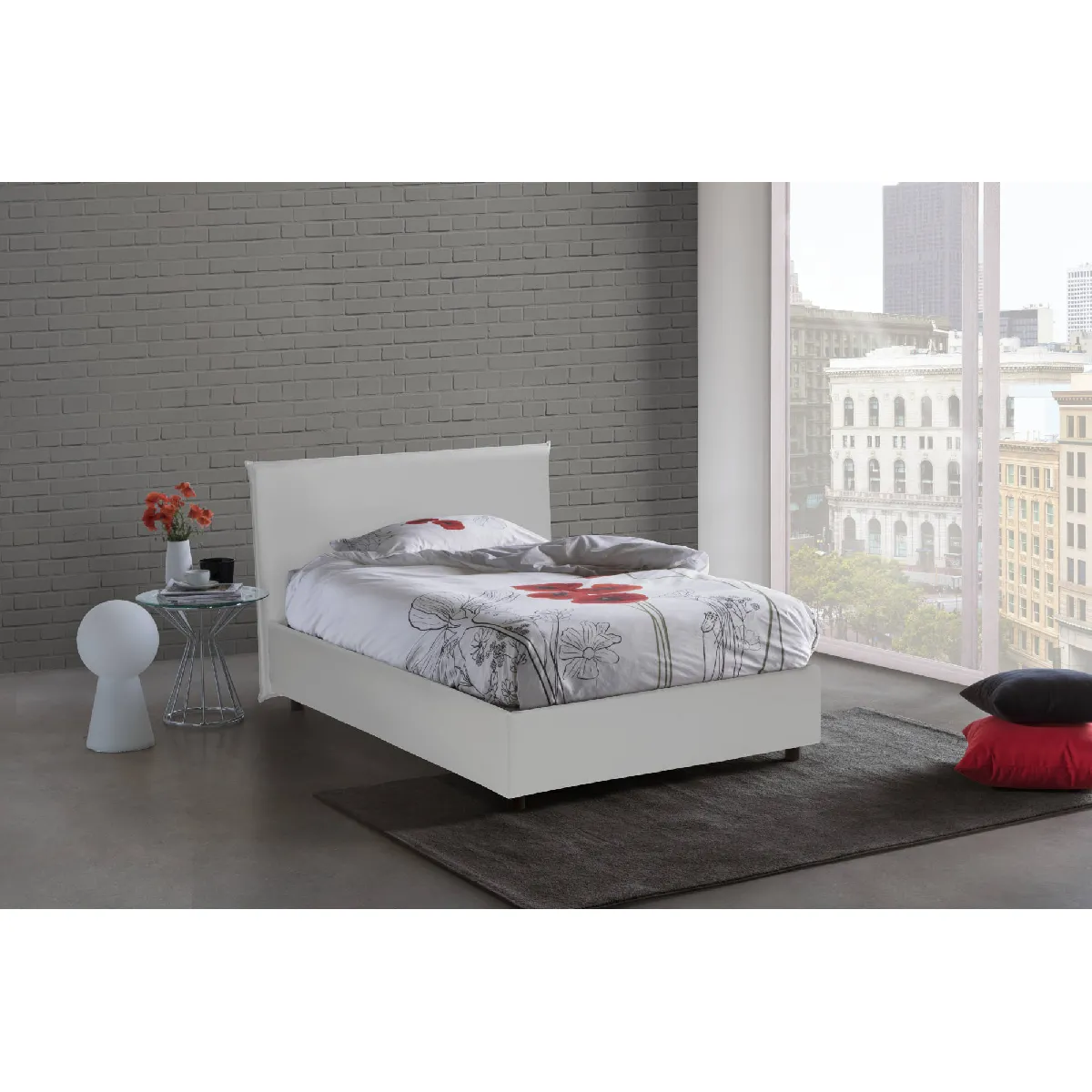 Talamo Italia Lit rangement pour une et demie Anna, Fabriqué en Italie, Lit avec revêtement en éco-cuir, Ouverture frontale, convient pour matelas 120x200 cm, Blanc