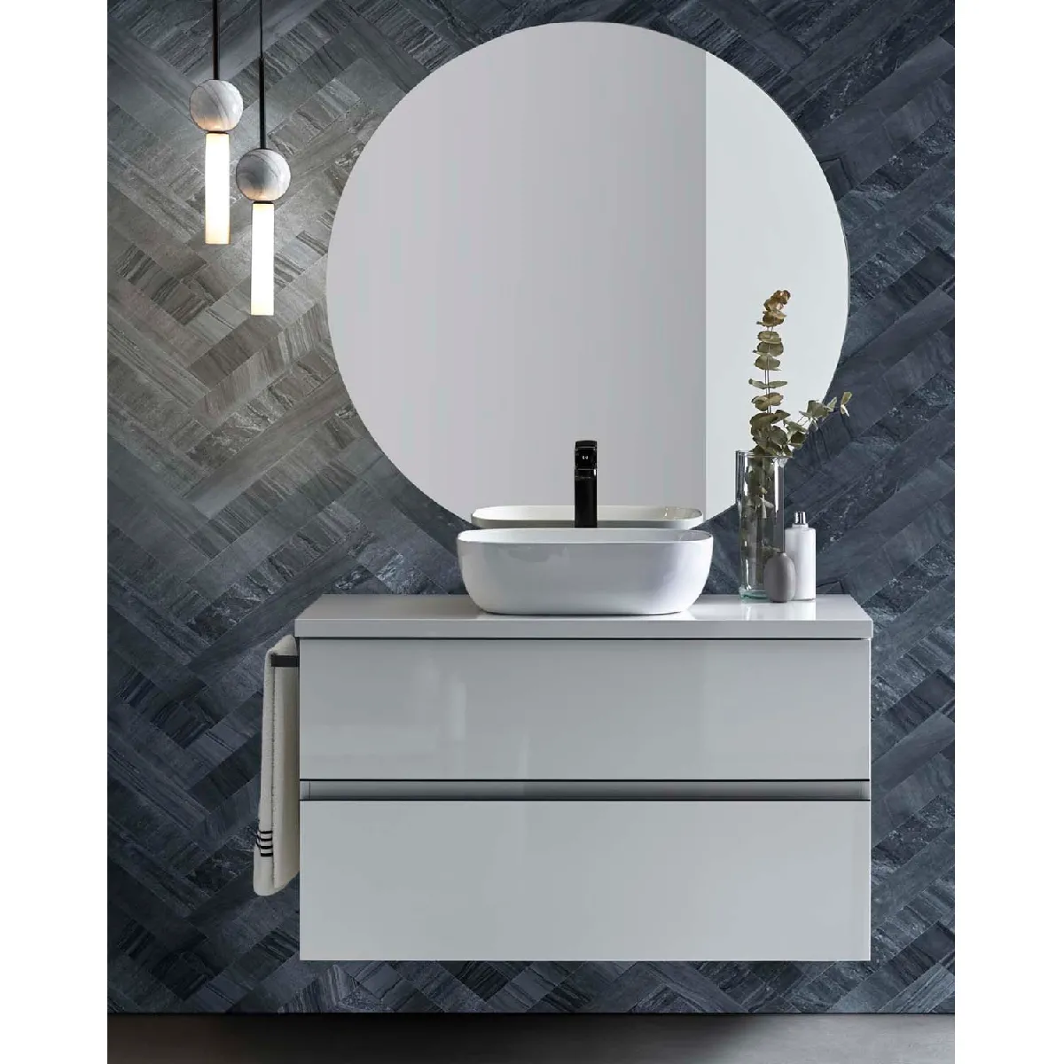 Meuble de salle de bain avec 2 tiroirs suspendus blanc brillant + vasque à poser + miroir - Longueur 80 x Hauteur 56 x Profondeur 46,5 cm