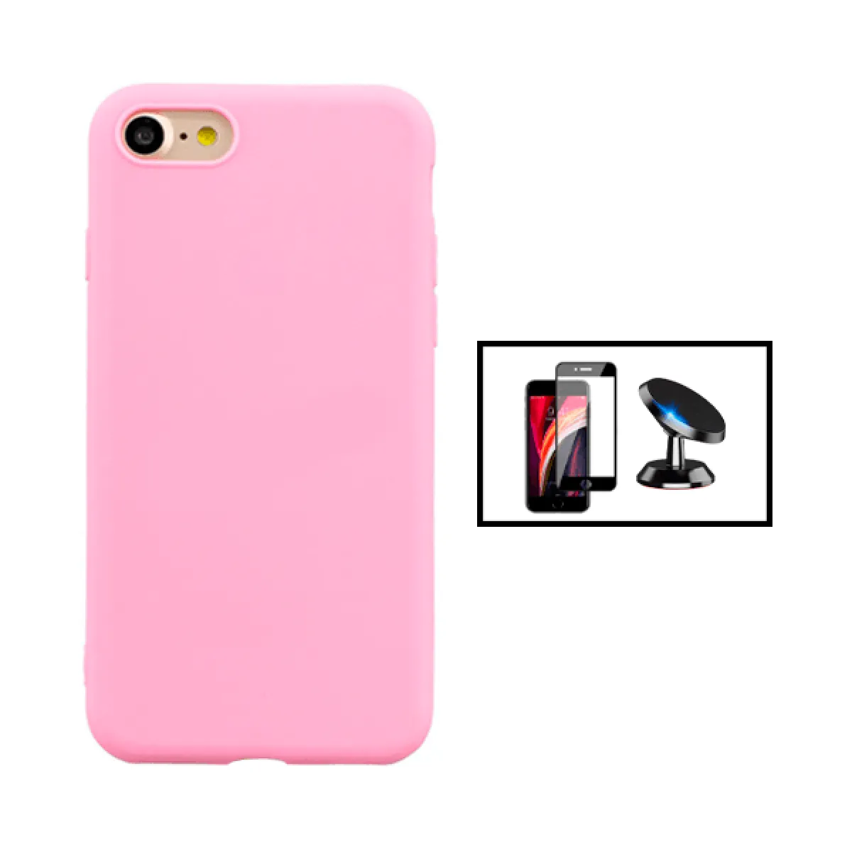 Kit Film de Verre Trempé 5D Full Cover + Coque Silicone Liquide + Support Magnétique de Voiture pour iPhone SE 2022 - Rose