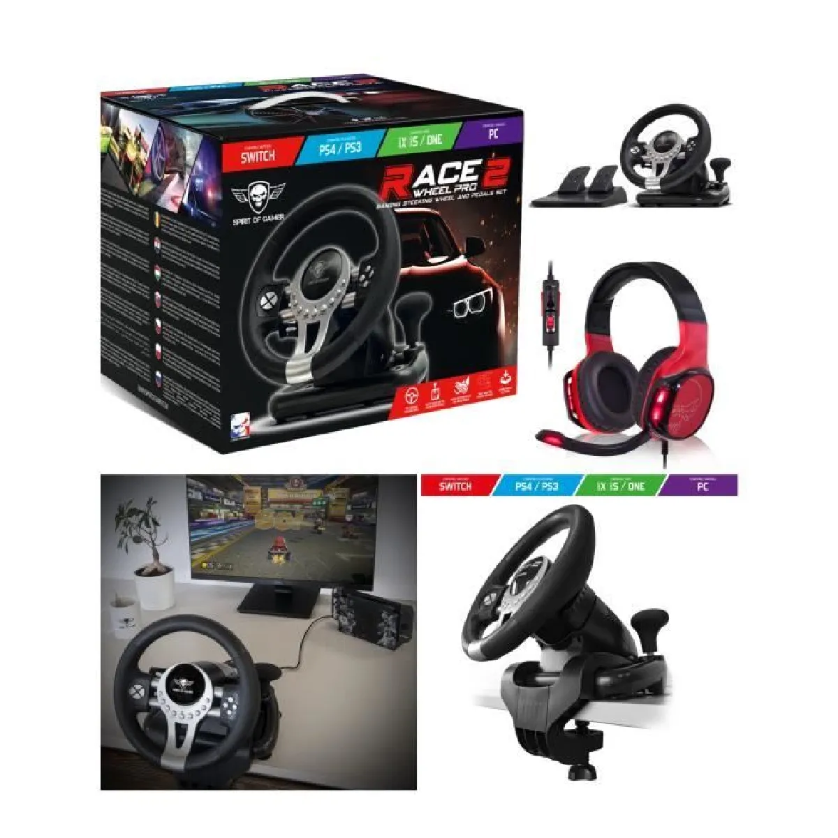 Volant et pédales de jeu Vidéo PRO Race compatible Xbox Séries X S PS3 PS4 SWITCH PC + Casque SPIRIT OF GAMER H60 MULTI CONSOLE