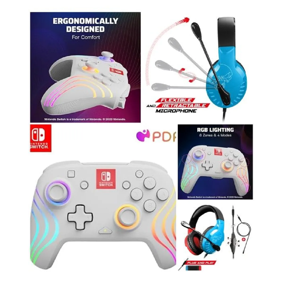 CASQUE PC NINTENDO SWITCH ROUGE ET BLEU + Manette SANS FIL Bluetooth SWITCH ZELDA WAVE WHITE SWIT LED RVB Officielle Nintendo