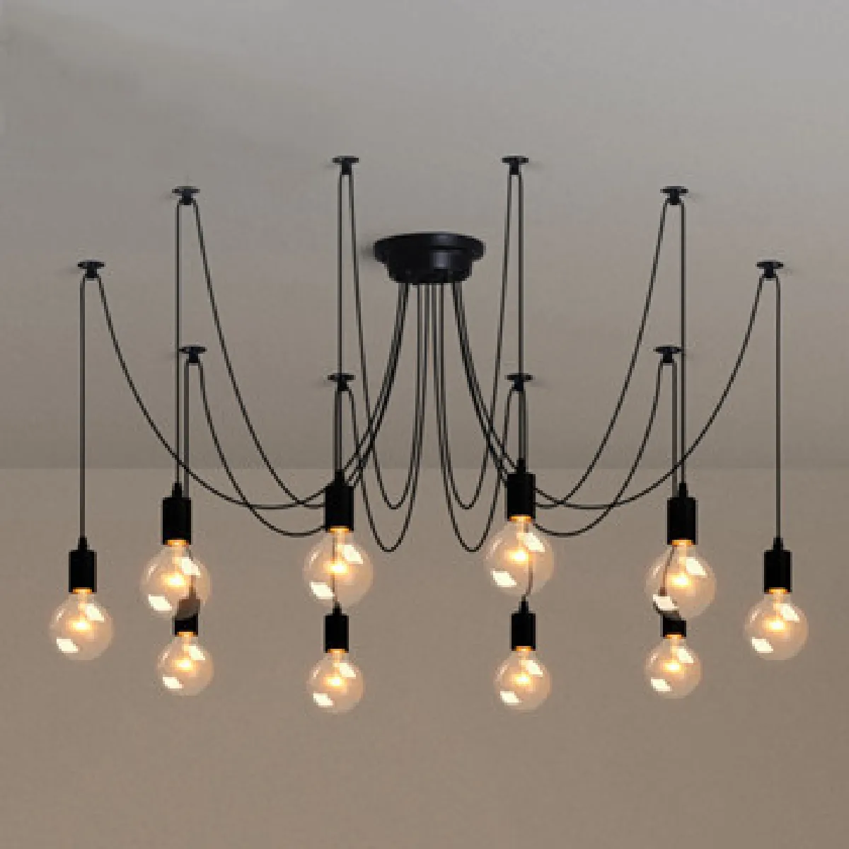 Lustre Suspension Araignee E27 Douille Rétro Industriel abat-jour Noir, DIY Ajustable Longueur avec 1.5m Fil, 10 bras (Non ampoule)