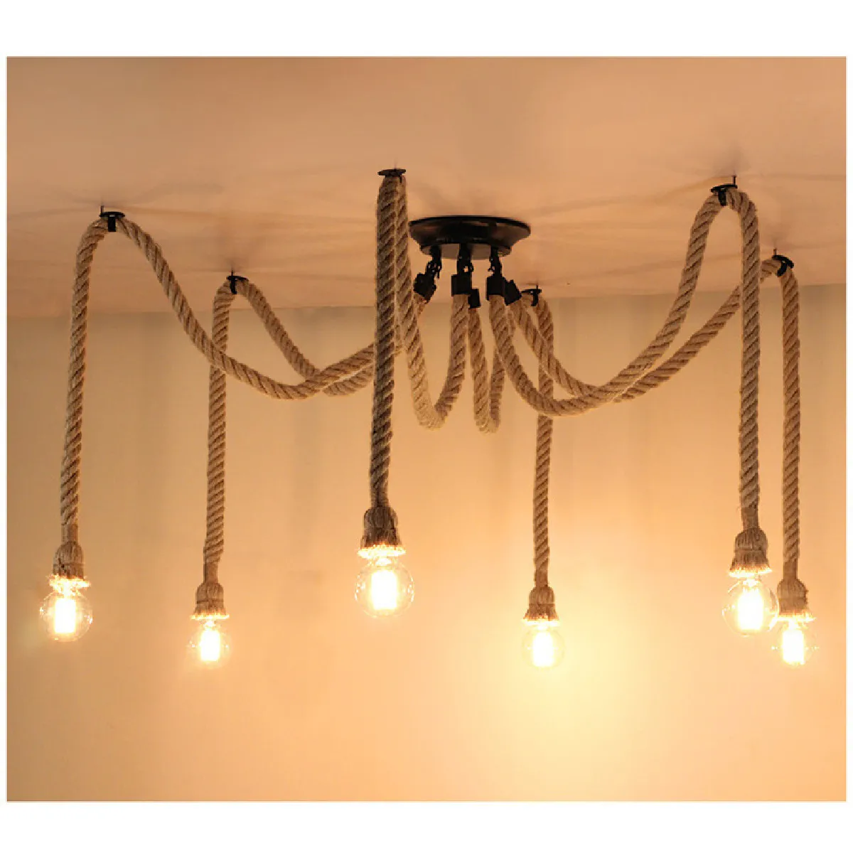 Rétro Lustre Suspension Araignee Corde de Chanvre avec 6 Bras E27 Douille, Industriel Lampe DIY 2.0m Fil Longueur Ajustable Luminaire Décoration Chambre Restaurant Bar