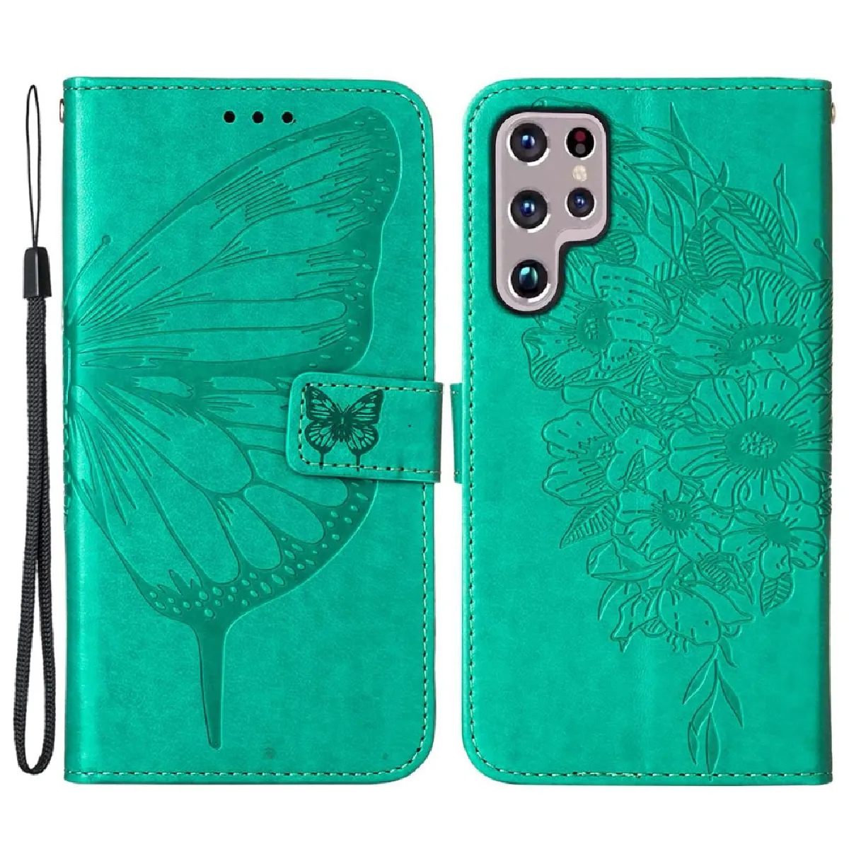 Etui en PU motif de papillons et de fleurs avec support et sangle pour votre Samsung Galaxy S23 Ultra - vert