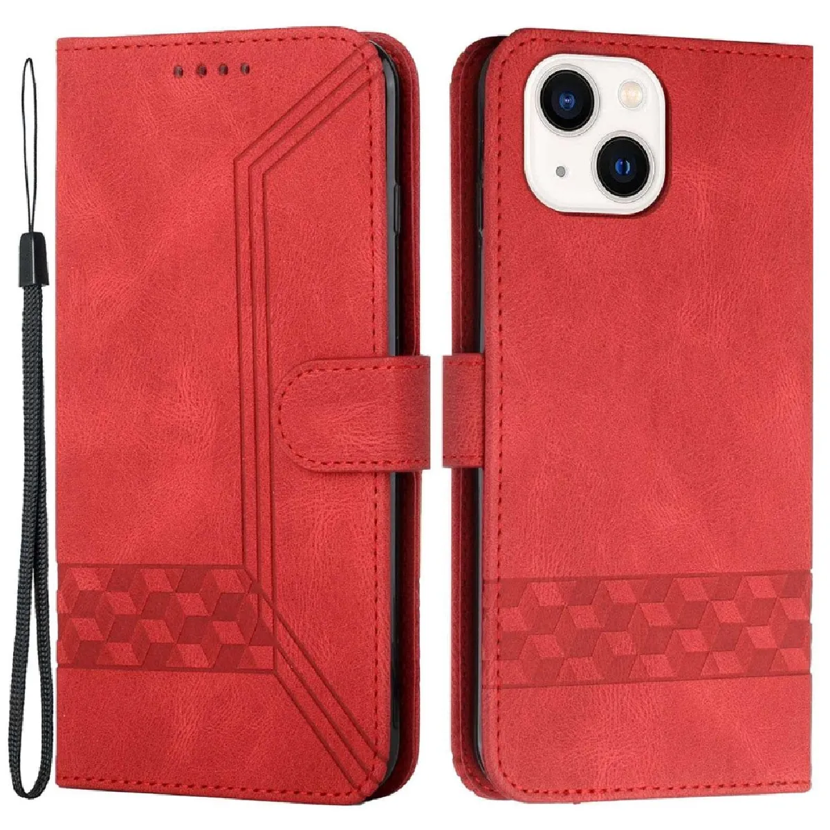 Etui en PU motif de losanges et de lignes, anti-chute avec support et sangle pour votre iPhone 14 Plus - rouge