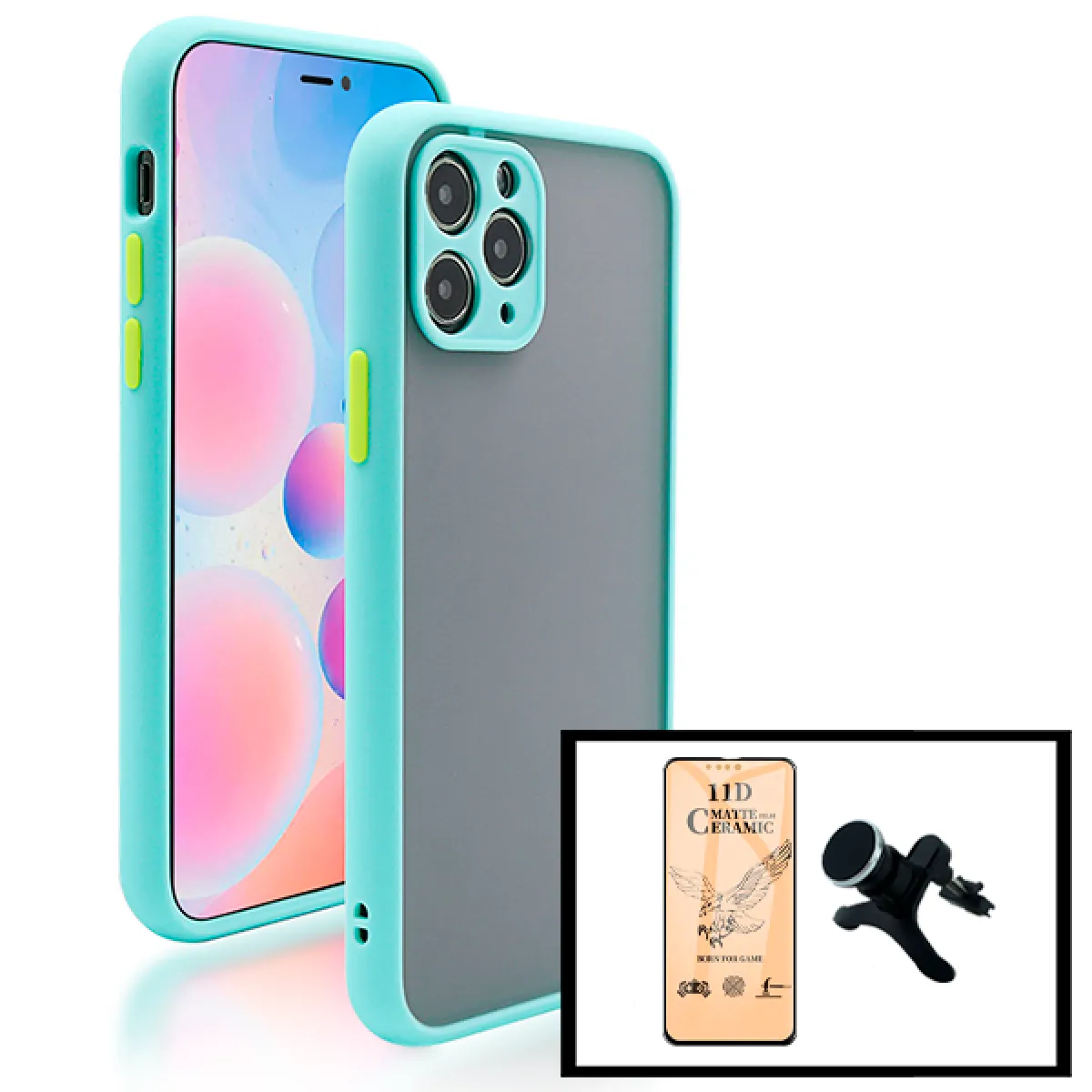 Kit Coque Antichoc Avec Caméra Protection + Film de Verre Trempé CeramicGlass Full Cover + Support Magnétique Renforcé de Voiture pour iPhone 13 Pro - Bleu Clair