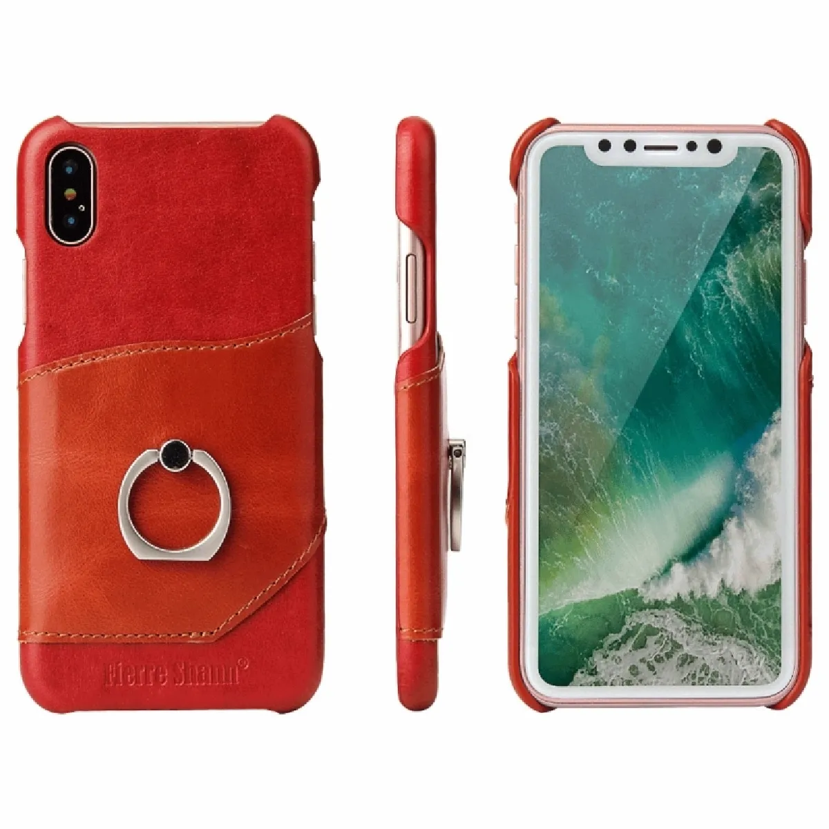 Coque rouge pour iPhone X Couleur Correspondant Véritable Housse En Cuir Arrière Avec 360 Degrés Rotation Titulaire & Fente Fierre Shann Carte