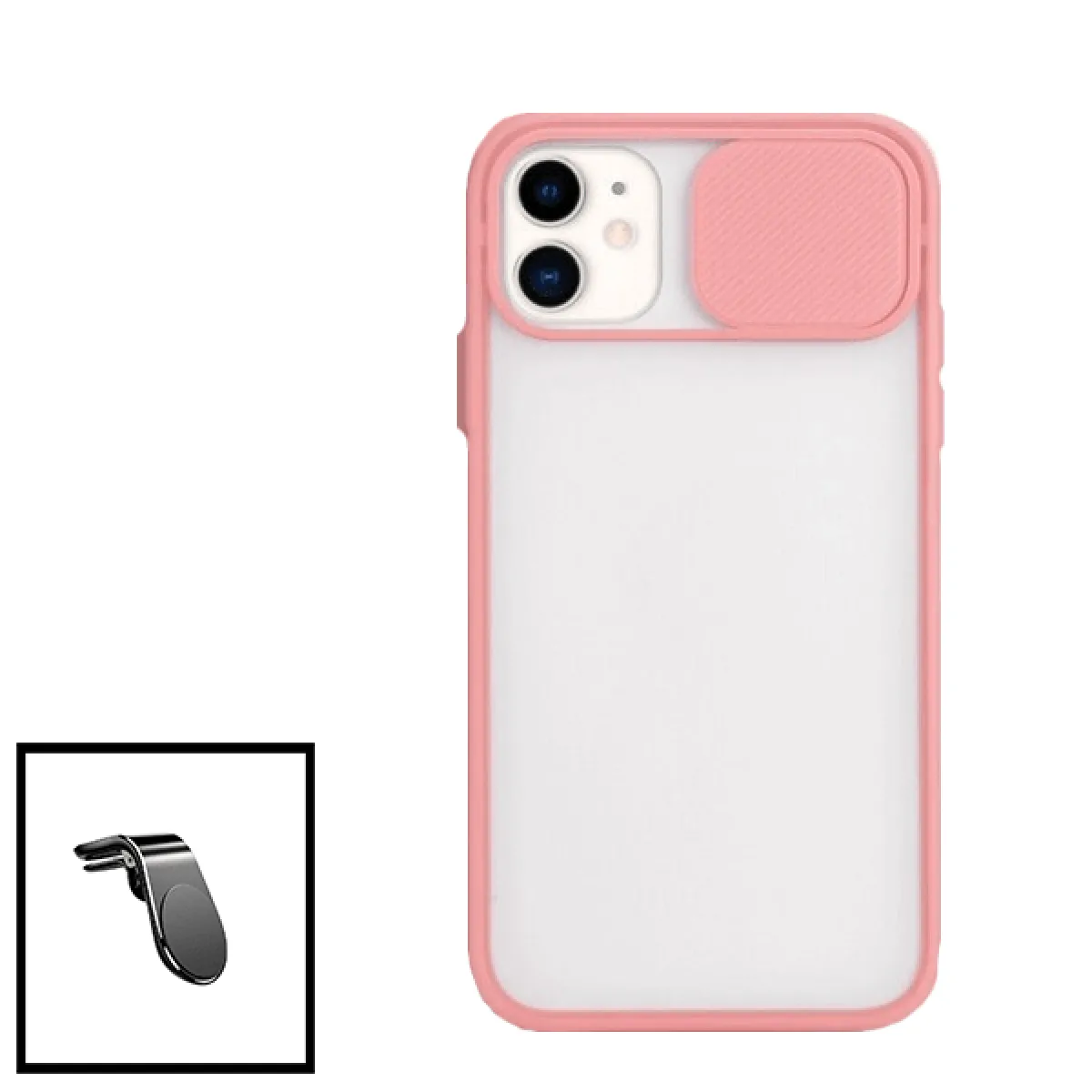 Kit Coque avec fenetre Anti-Choc mat + Support Magnétique de Voiture Renforcé pour iPhone SE 2020 - rose