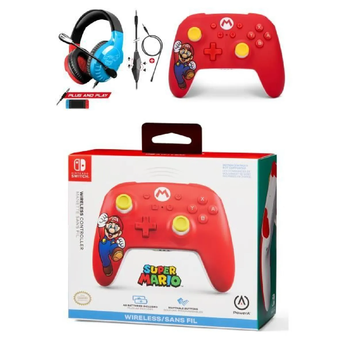 Manette SWITCH rouge Sans Fil Bluetooth - Mario Joy Manette sans fil Nintendo Switch oled - Mario Joy + Casque Switch Nintendo rouge