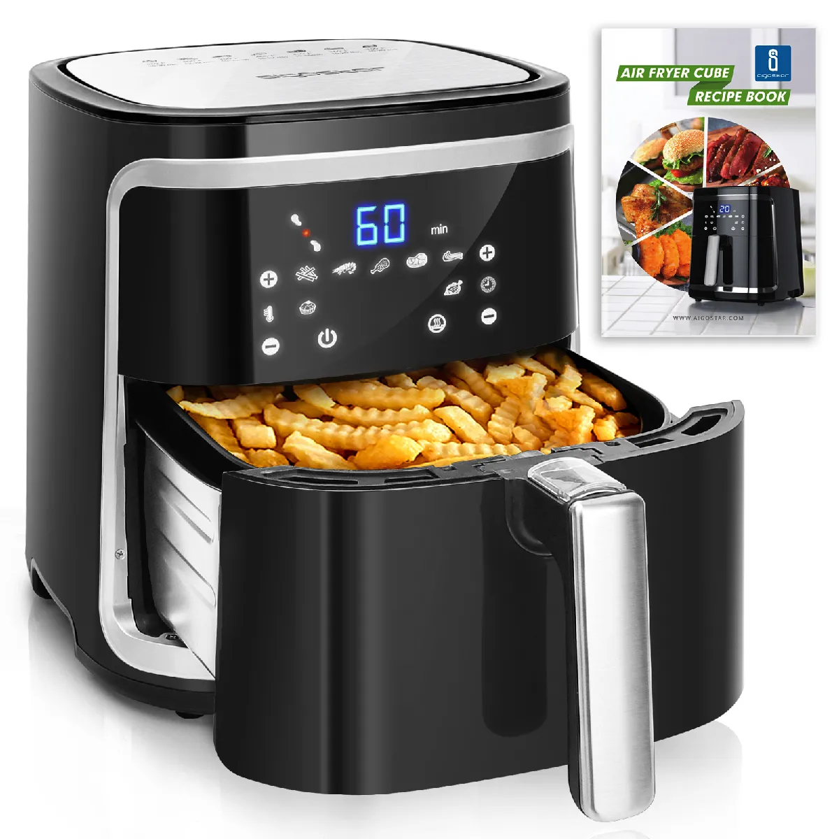 Cube - Friteuse à air chaud 0% BPA. 1900W, grande capacité de 7L. 8 programmes, maintien au chaud. Livre de recettes inclus.