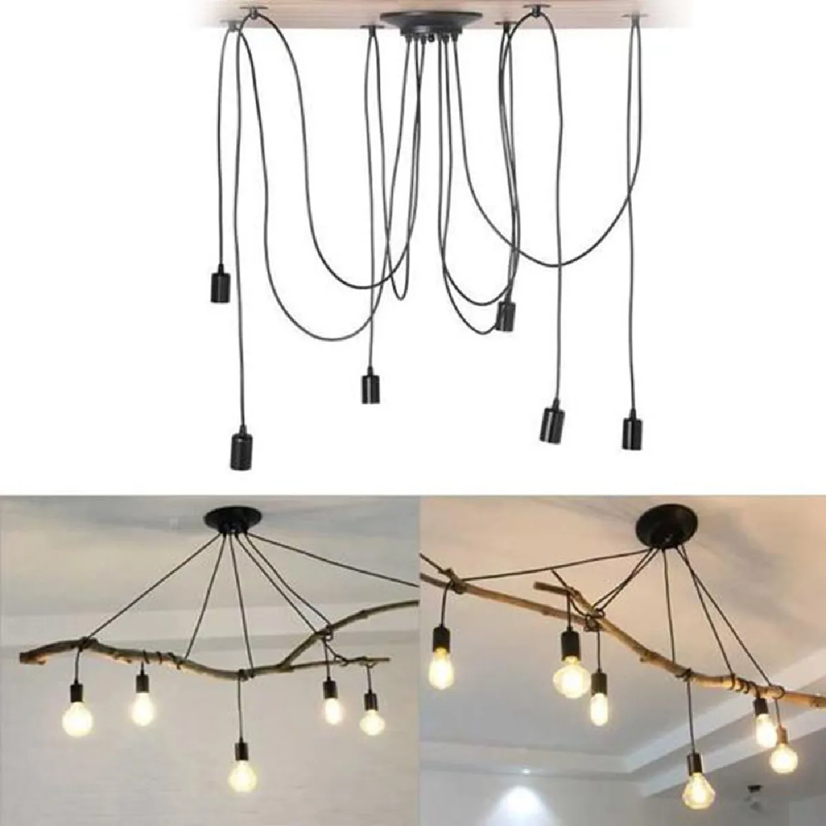 Lustre Suspension Araignee E27 Douille Rétro Industriel abat-jour Noir, DIY Ajustable Longueur avec 2.0m Fil, 6 bras (Non ampoule)