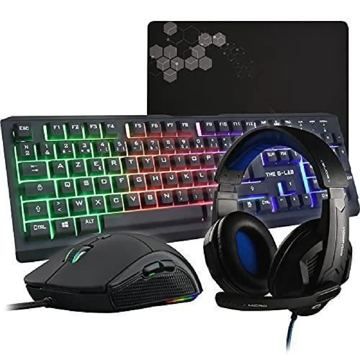 The G Lab Combo Selenium Ensemble Gaming 4 en 1 Clavier Gamer AZERTY Rétroéclairé, Souris Gamer 3200 DPI, Micro Casque Gaming,