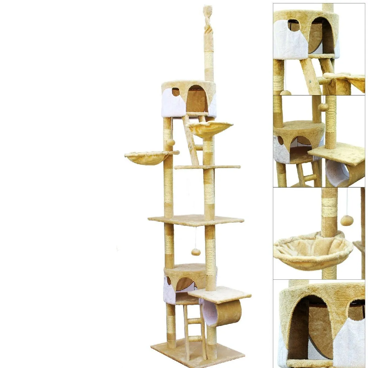 Arbre à chat plafond corde en sisal griffoir grattoir XXL escalade beige et blanc 16_0000015