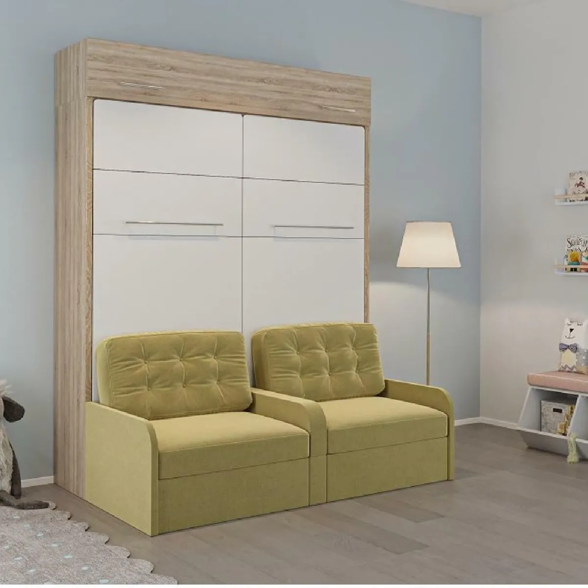 DUO SOFA armoire lit escamotable surmeuble canapé moutarde 2 x 90/200 structure chêne façade blanc