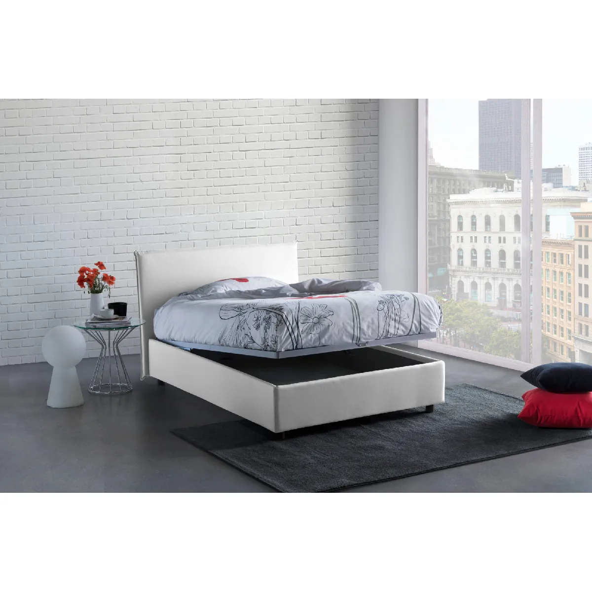 Talamo Italia Lit rangement pour une et demie Anna, Fabriqué en Italie, Lit avec revêtement en tissu, Ouverture frontale, convient pour matelas 120x200 cm, Blanc