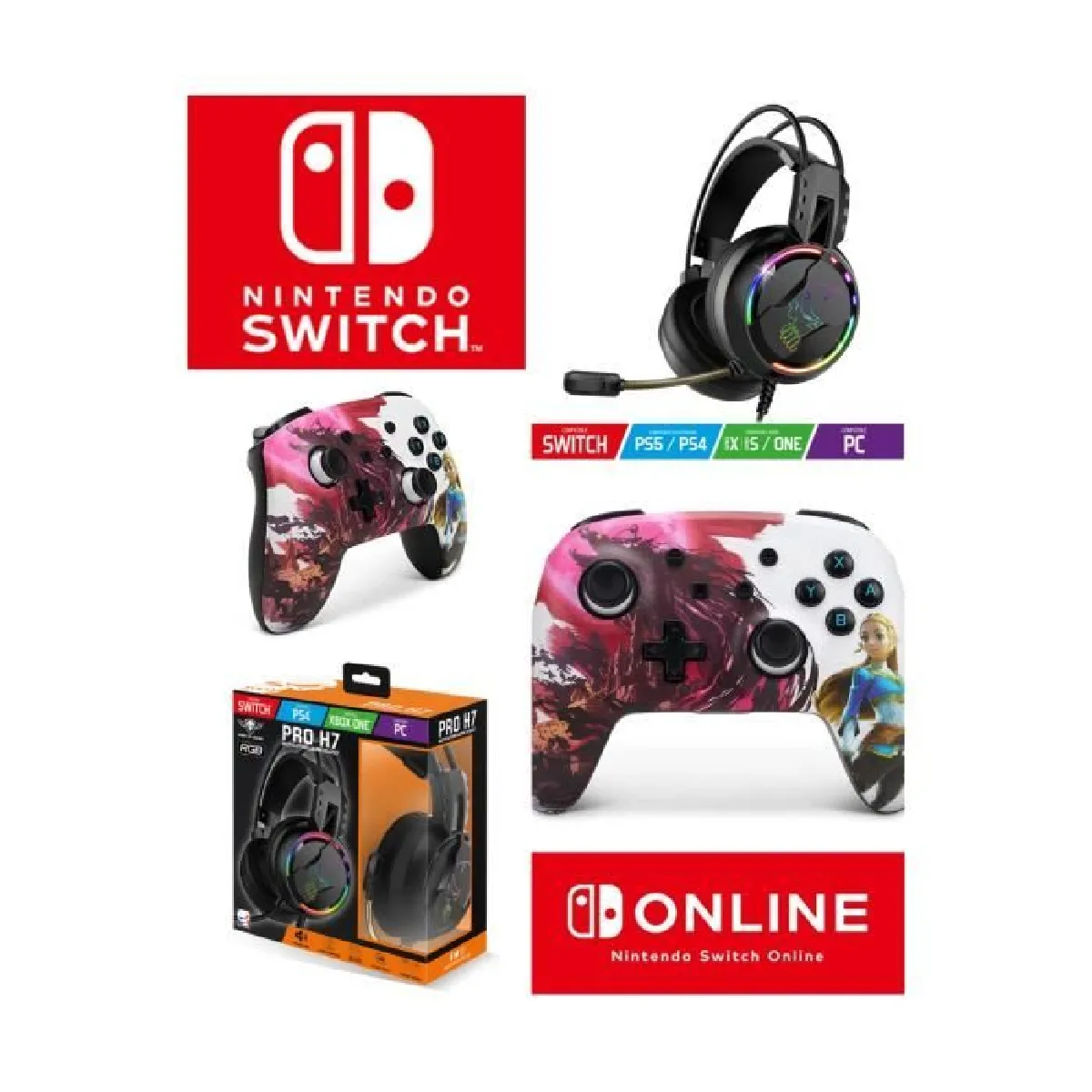 Pack Manette SWITCH-LITE Bluetooth ZELDA BLOOD MOON Officielle + Casque Gamer PRO H7 SPIRIT OF GAMER SWITCH