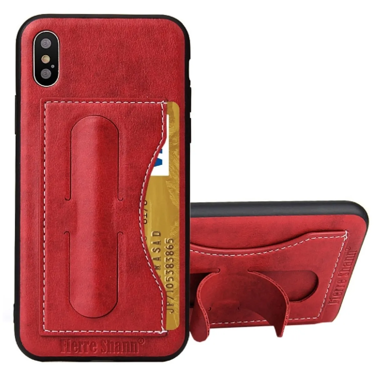 Coque rouge pour iPhone X pleine couverture housse de protection en cuir avec titulaire et fente Fierre Shann carte