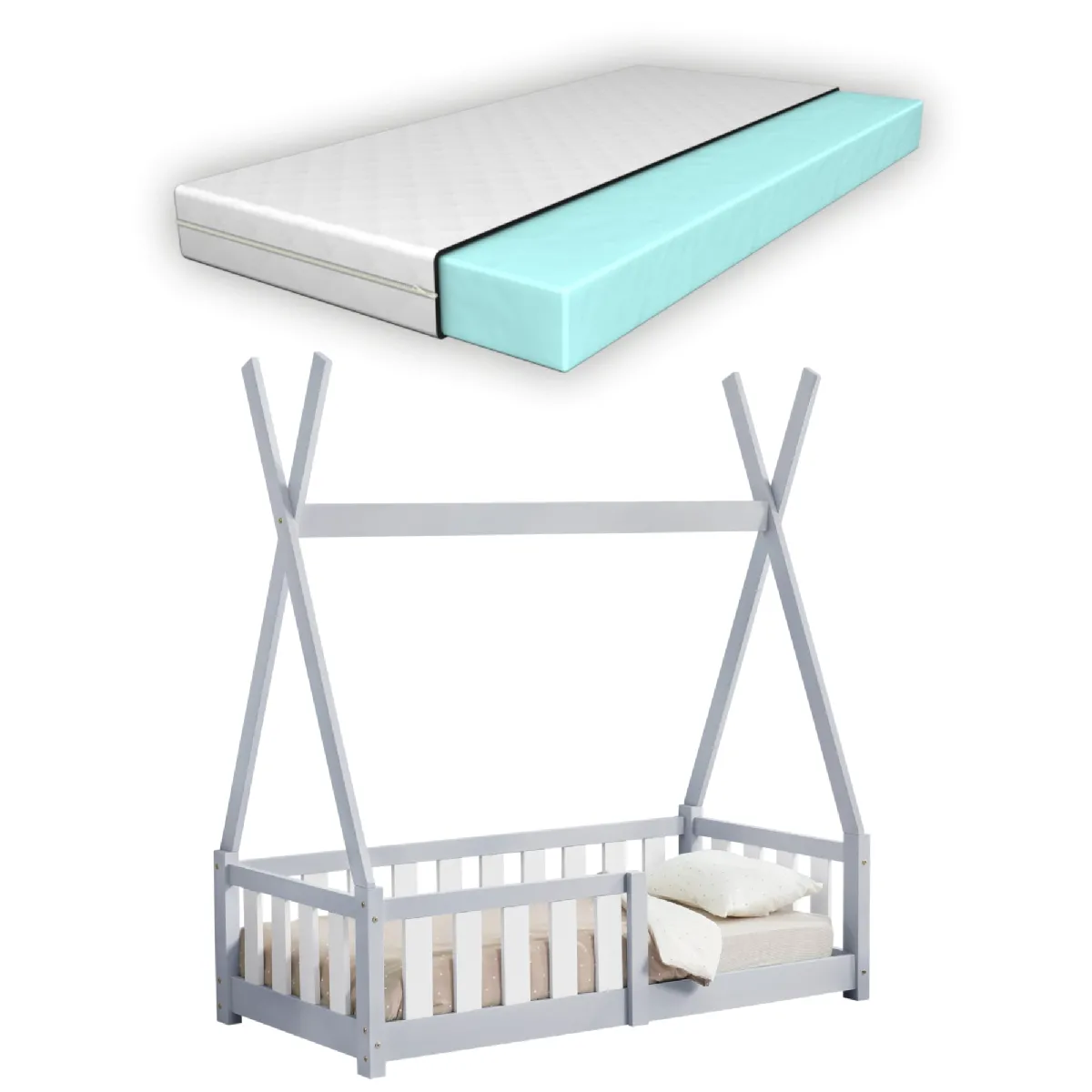 Lit tipi pour enfant avec barrière de sécurité matelas sommier à lattes en bois gris 70x140 cm 03_0005718