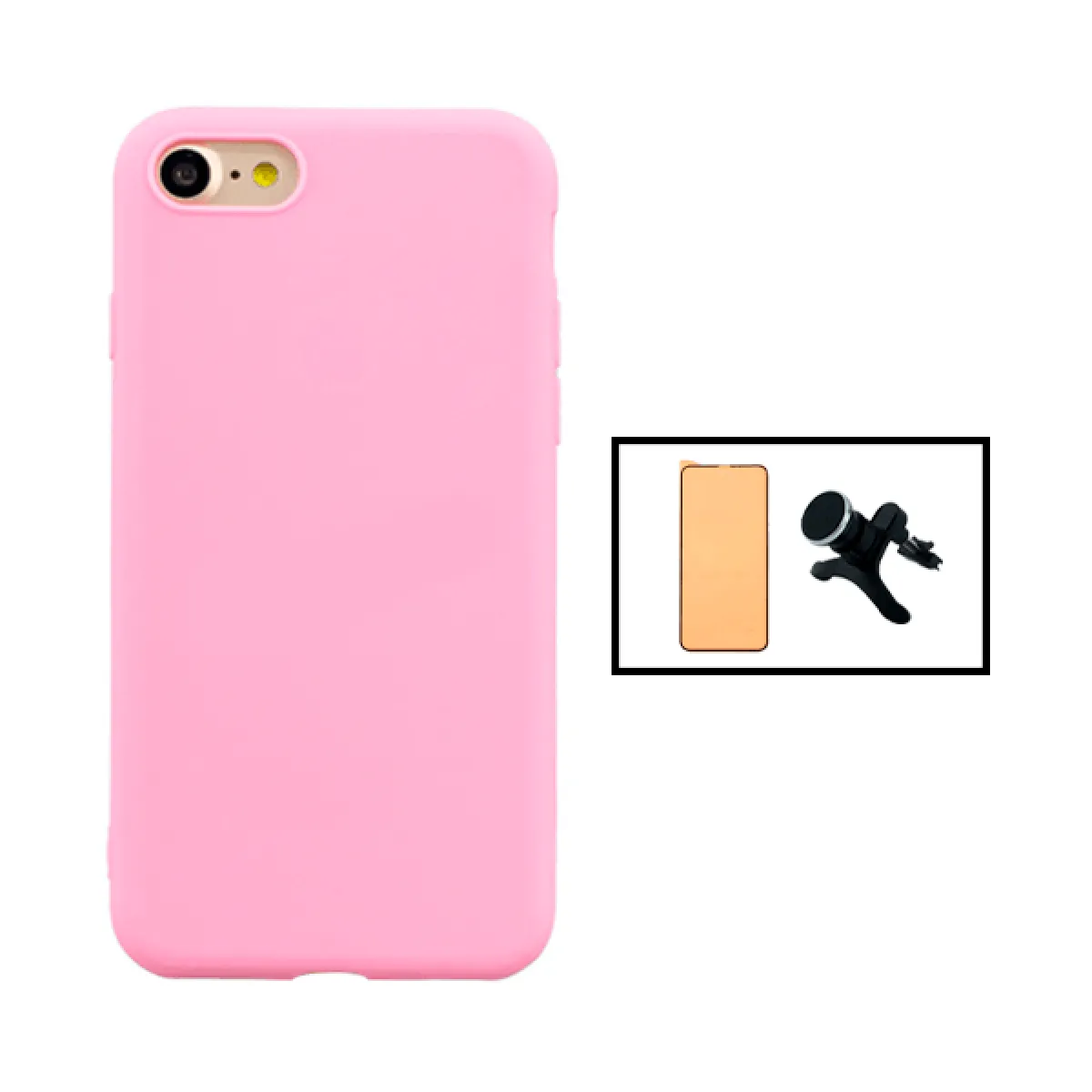 Kit Film de Verre Trempé CeramicGlass Full Cover + Coque Silicone Liquide + Support Magnétique de Voiture Renforcé pour iPhone SE 2022 - Rose