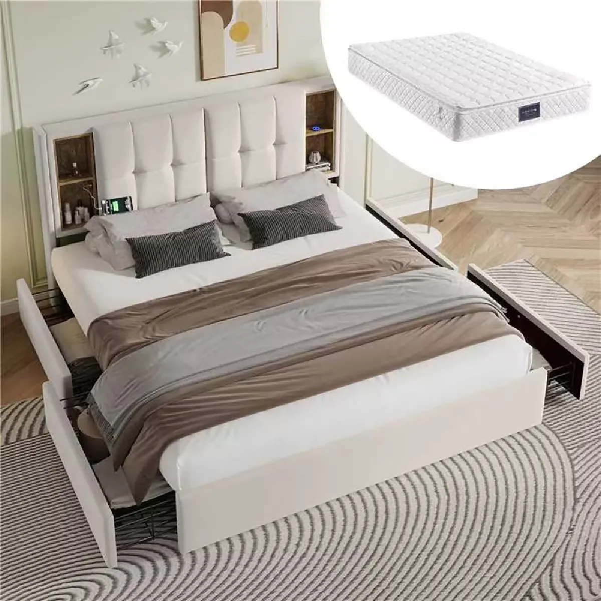 Lit 160x200 cm adulte Lit double avec 4 tiroirs Lit rembourré velours beige-Avec matelas