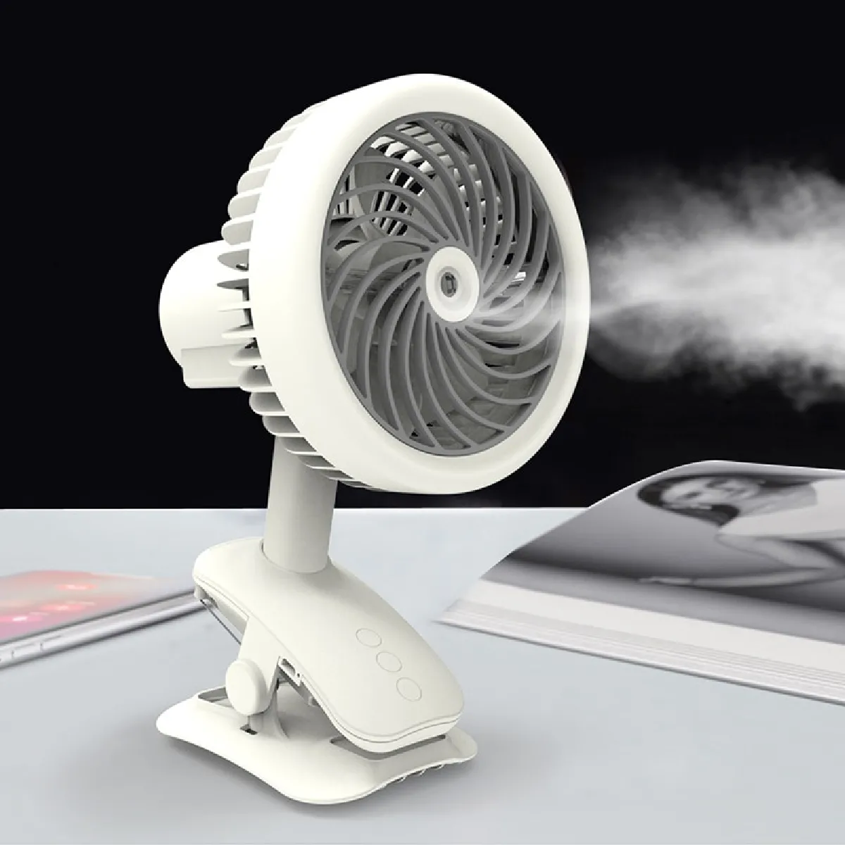 Ventilateur USB portable à ciseaux à 360 ° avec humidificateur Purificateur d'air rechargeable 1200 mAh Mini ventilateur de bureau 3 vitesses refroidissement super silencieux   Gadget USB