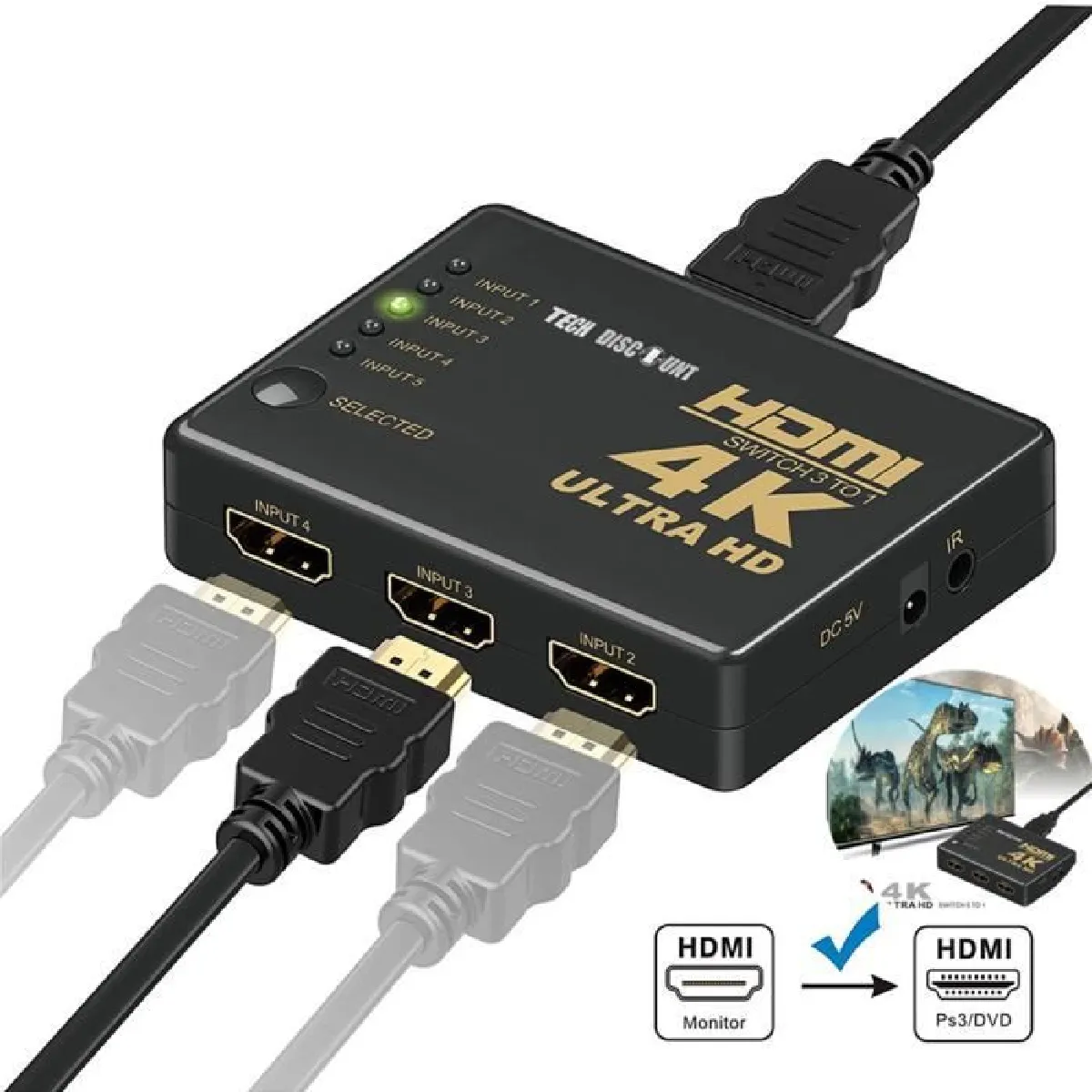 Cable HDMI switch 4k 1080P 5ports sélecteur répartiteur cummutateur splliter automatique adaptateur télécommande vidéo support perfo