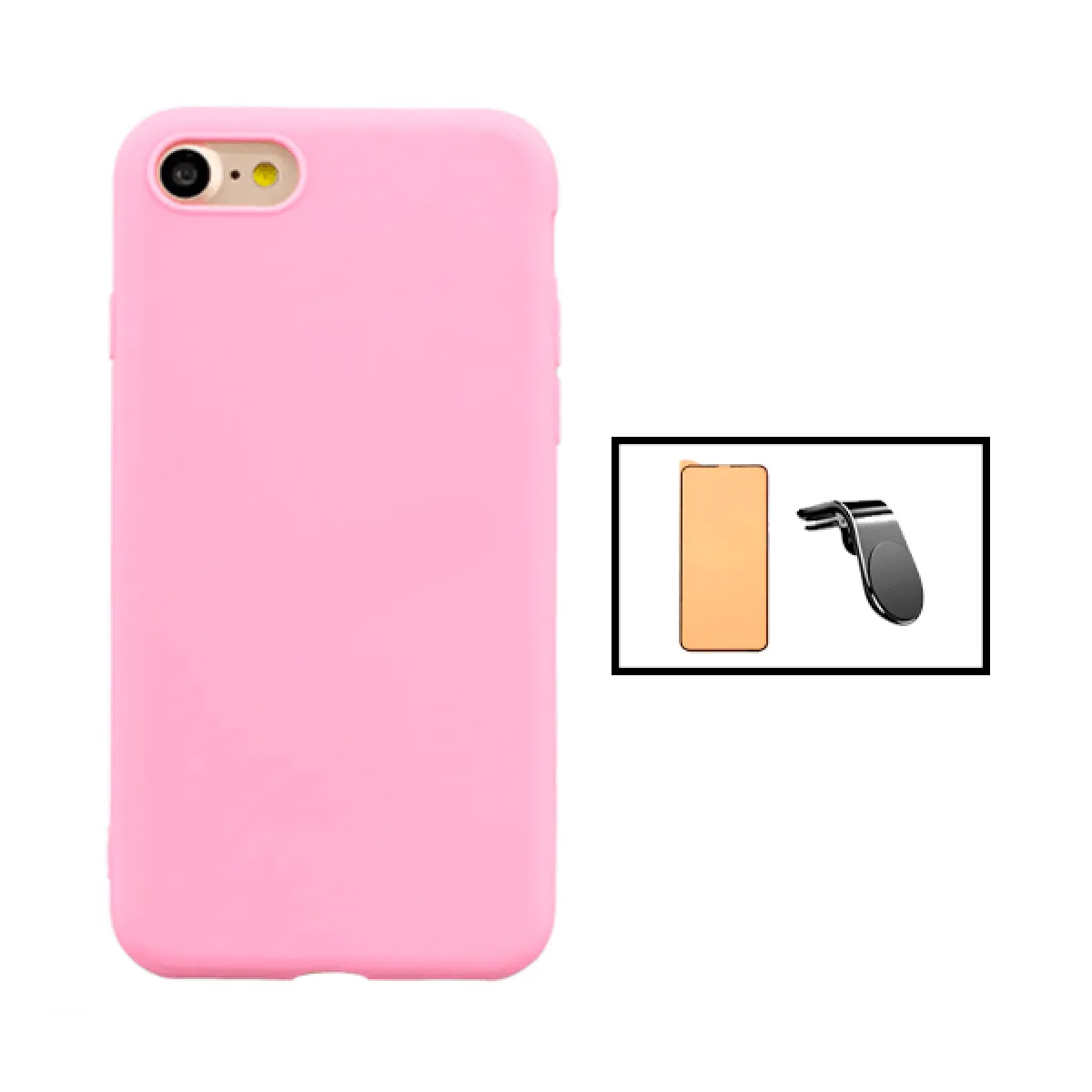 Kit Film de Verre Trempé CeramicGlass Full Cover + Coque Silicone Liquide + Support Magnétique L Conduite en Toute Sécurité pour iPhone SE 2022 - Rose