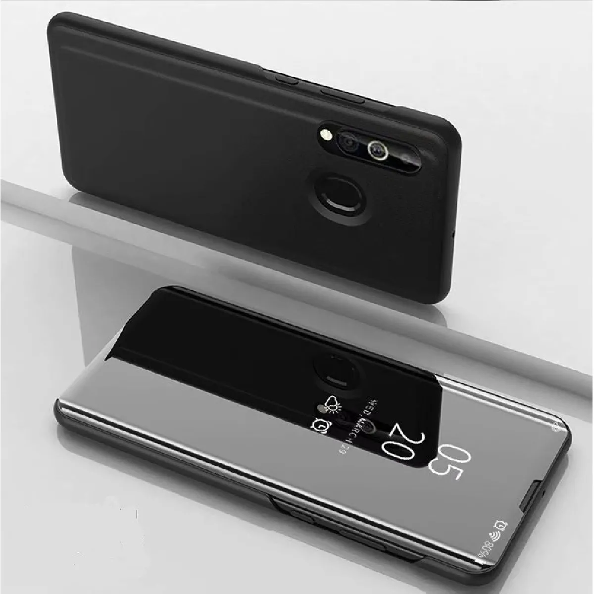 Coque Rigide Etui à rabat en cuir avec miroir de galvanisation pour Samsung A20 E support Noir