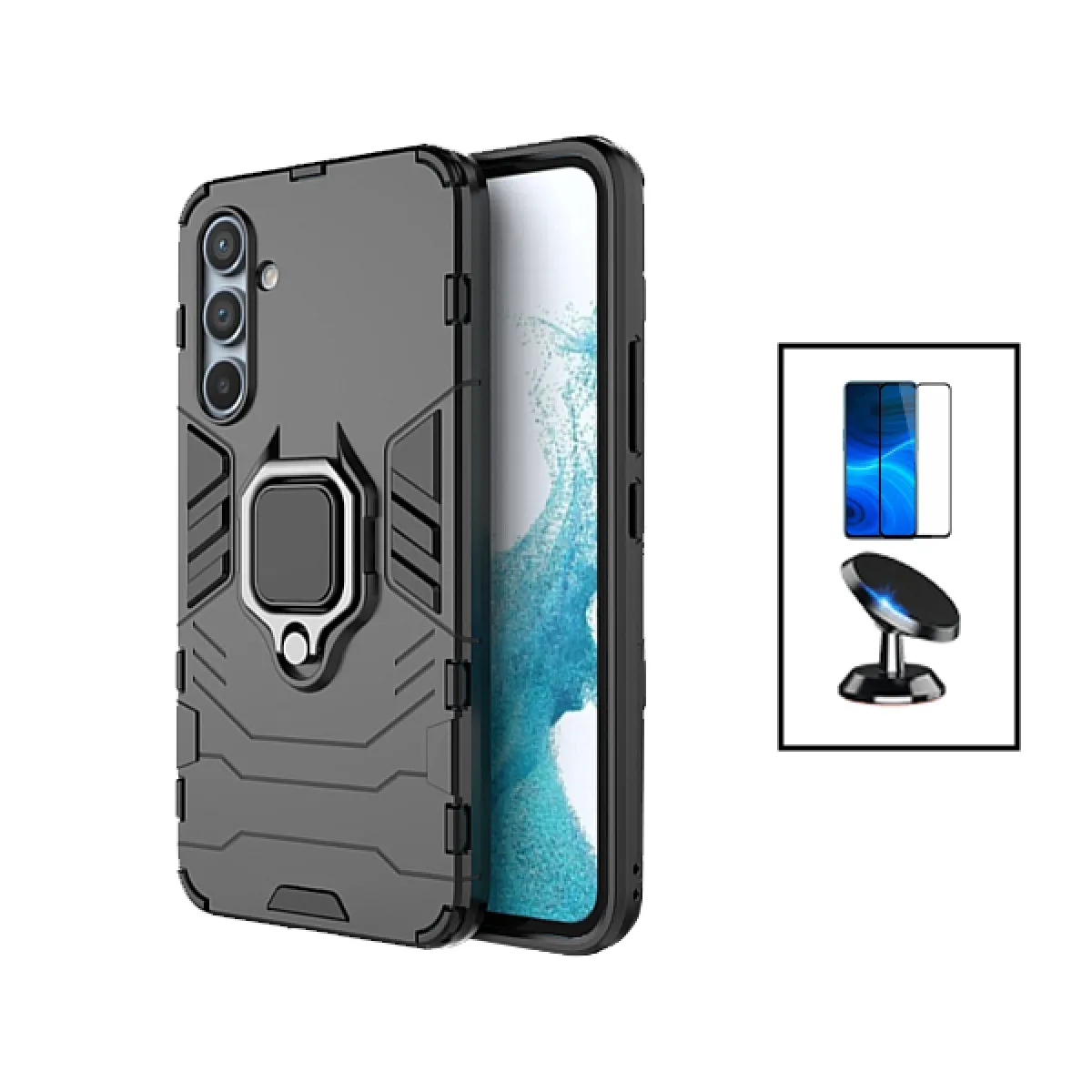 Kit Film Verre Trempé 5D Full Cover + Coque 3X1 Military Defender + Support Magnétique de Voiture pour Samsung Galaxy A14 - Noir