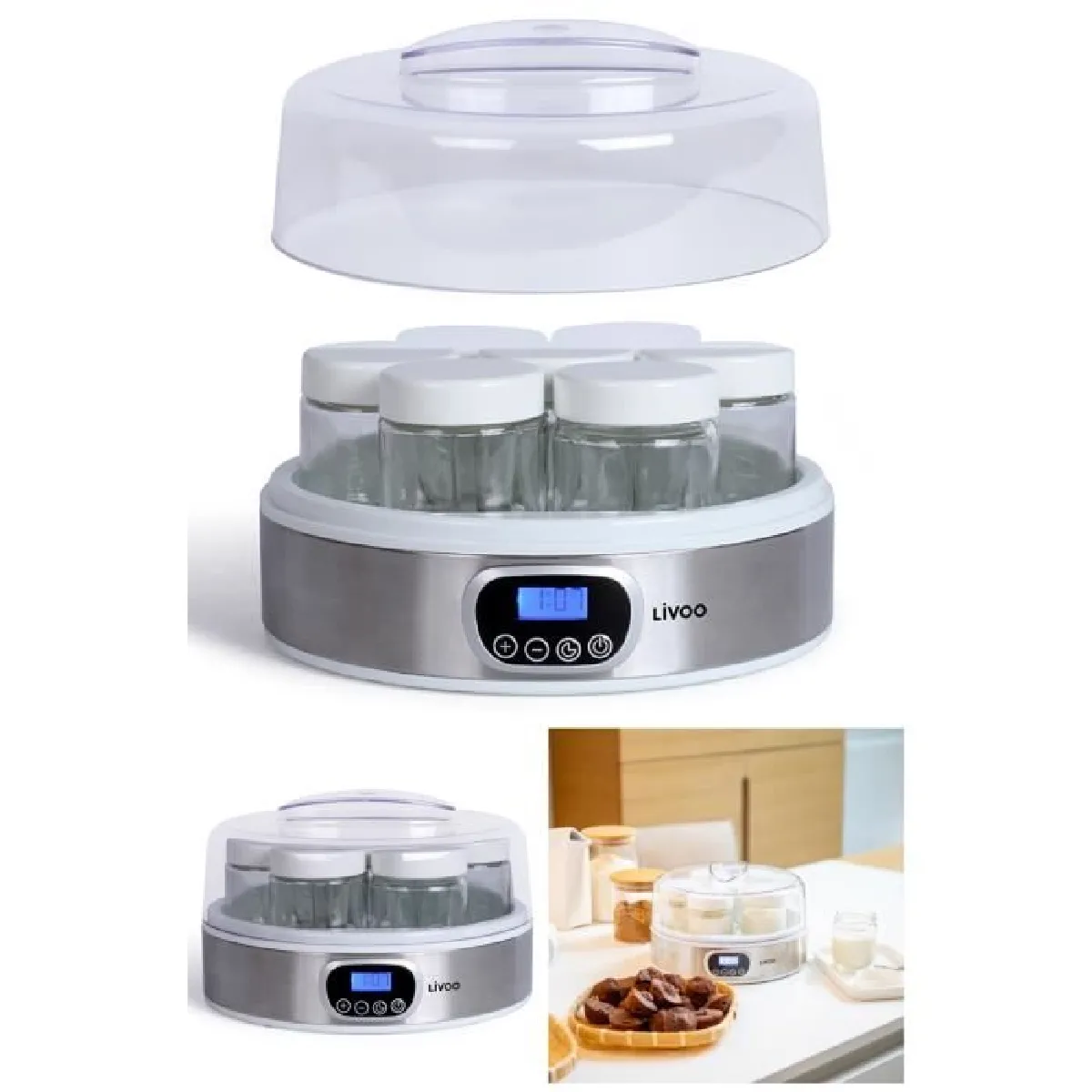 Yaourtière digitale 18W Programmable 7 pots en verre avec couvercle à visser Programmable 14H