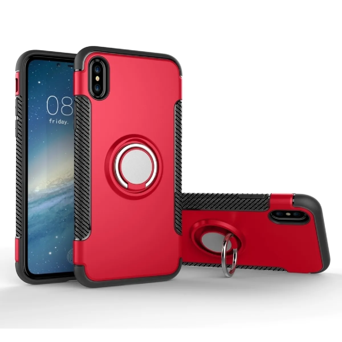 Coque renforcée rouge pour iPhone X Magnétique 360 Degrés Rotation Anneau Armure Housse de Protection