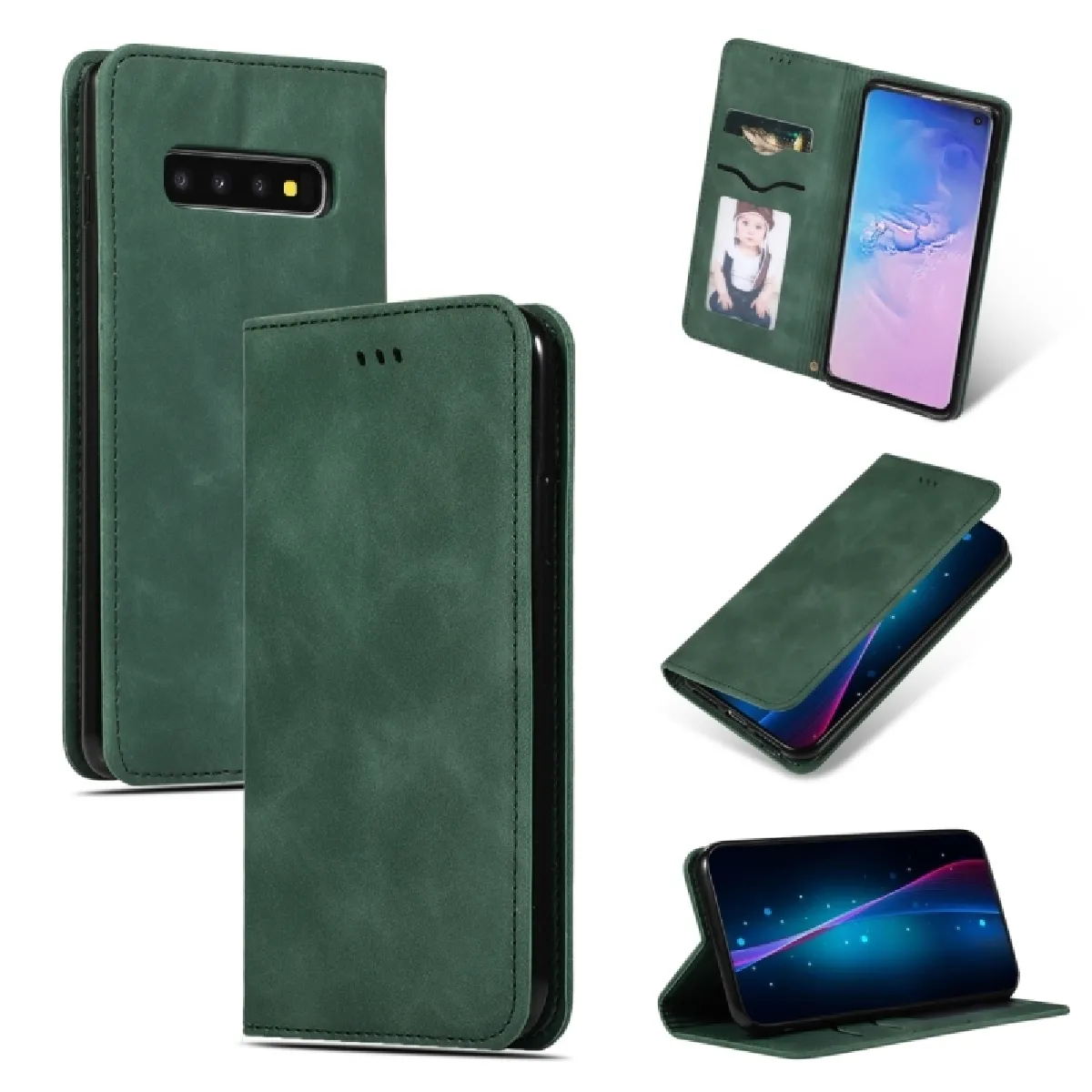 Housse Étui Coque en cuir avec rabat horizontal magnétique Business Skin Feel rétro pour Samsung Galaxy S10 ?? vert armée