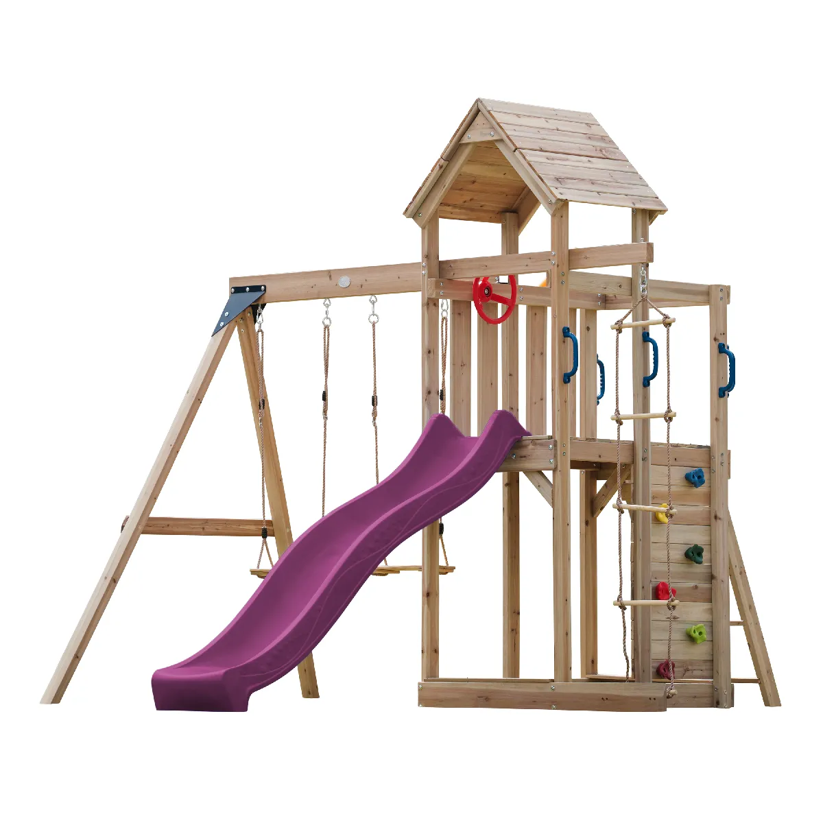 AXI Moos Aire de Jeux en Bois avec 2 Balançoires, Echelle en Corde, toboggan Violet / Aire de Jeux Extérieur avec balançoires/ bac à sable/mur d'escalade- Portique Balançoire/Jeux en Bois Extérieur