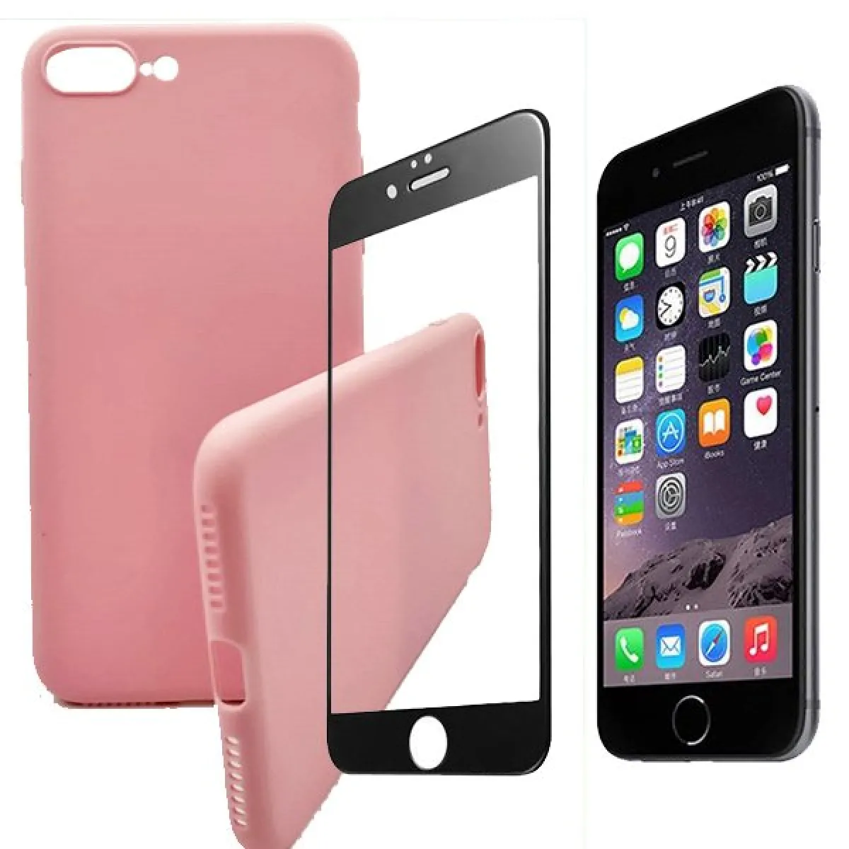 Kit de Verre Trempé 5D Full Cover + Coque Silicone Liquide Rose - Iphone 7 Plus / 8 Plus