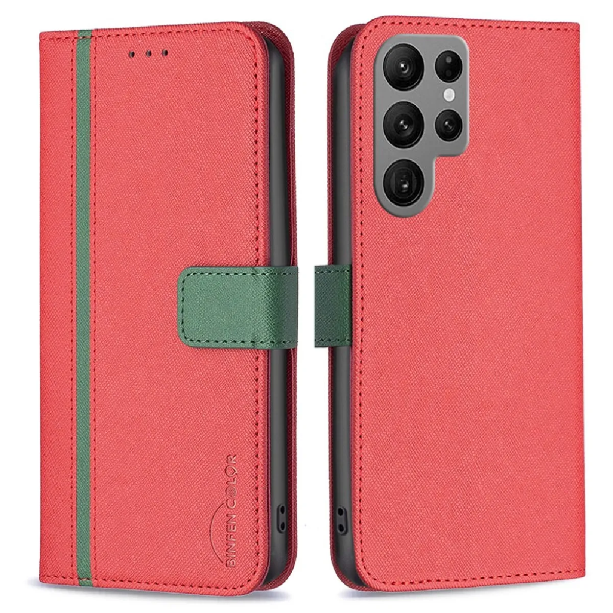 Etui en PU anti-chute, texture croisée avec support pour votre Samsung Galaxy S23 Ultra - rouge