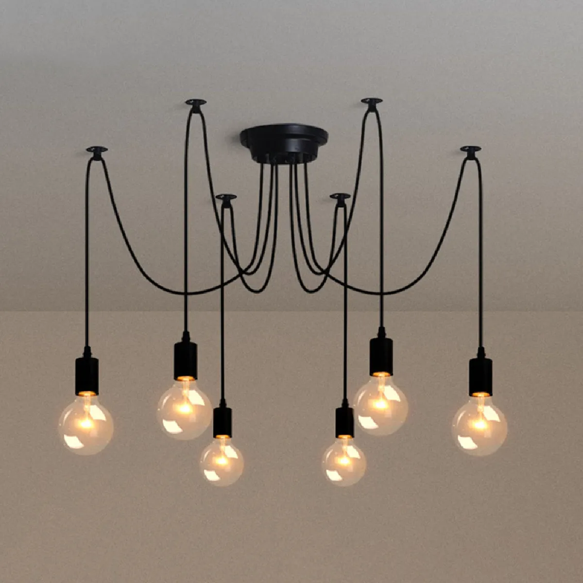 Lustre Suspension Araignee E27 Douille Rétro Industriel abat-jour Noir, DIY Ajustable Longueur avec 1.5m Fil, 6 bras (Non ampoule)