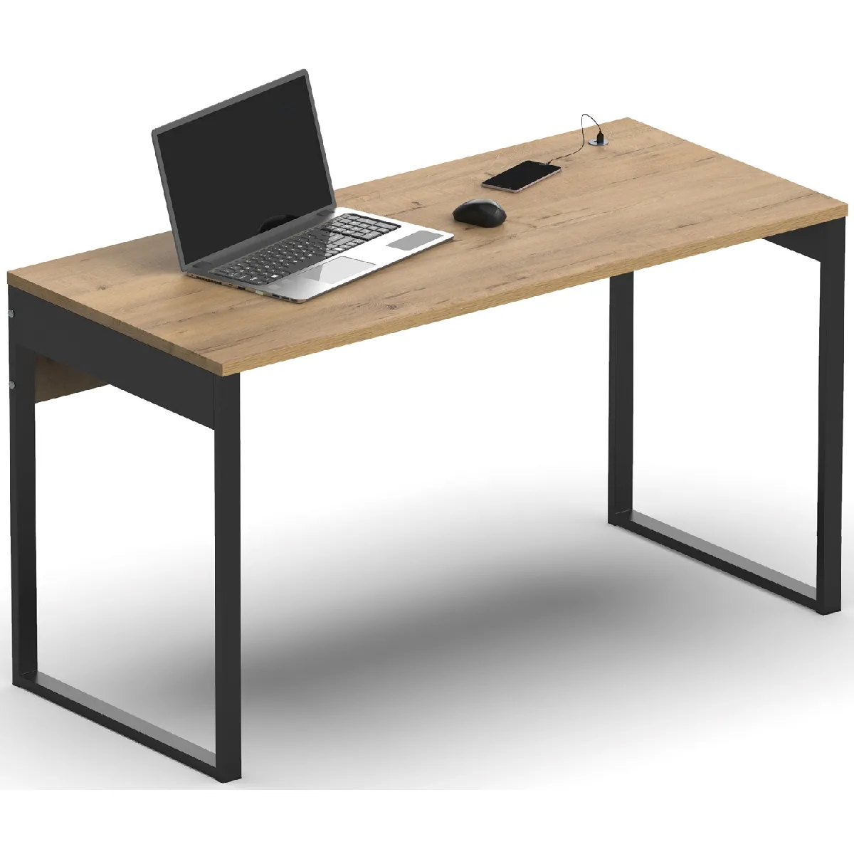 Bureau avec ports USB en aggloméré finition chêne doré et pieds en métal noir - Longueur 135 x Profondeur 60 x Hauteur 76 cm