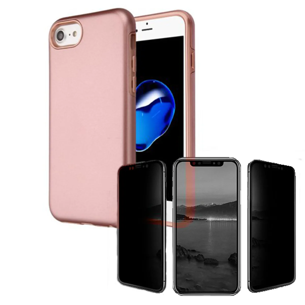 Kit de Verre Trempé 5D Anti-Spy / Intimité + Coque SlimShield - Iphone SE New 2020 - Rose