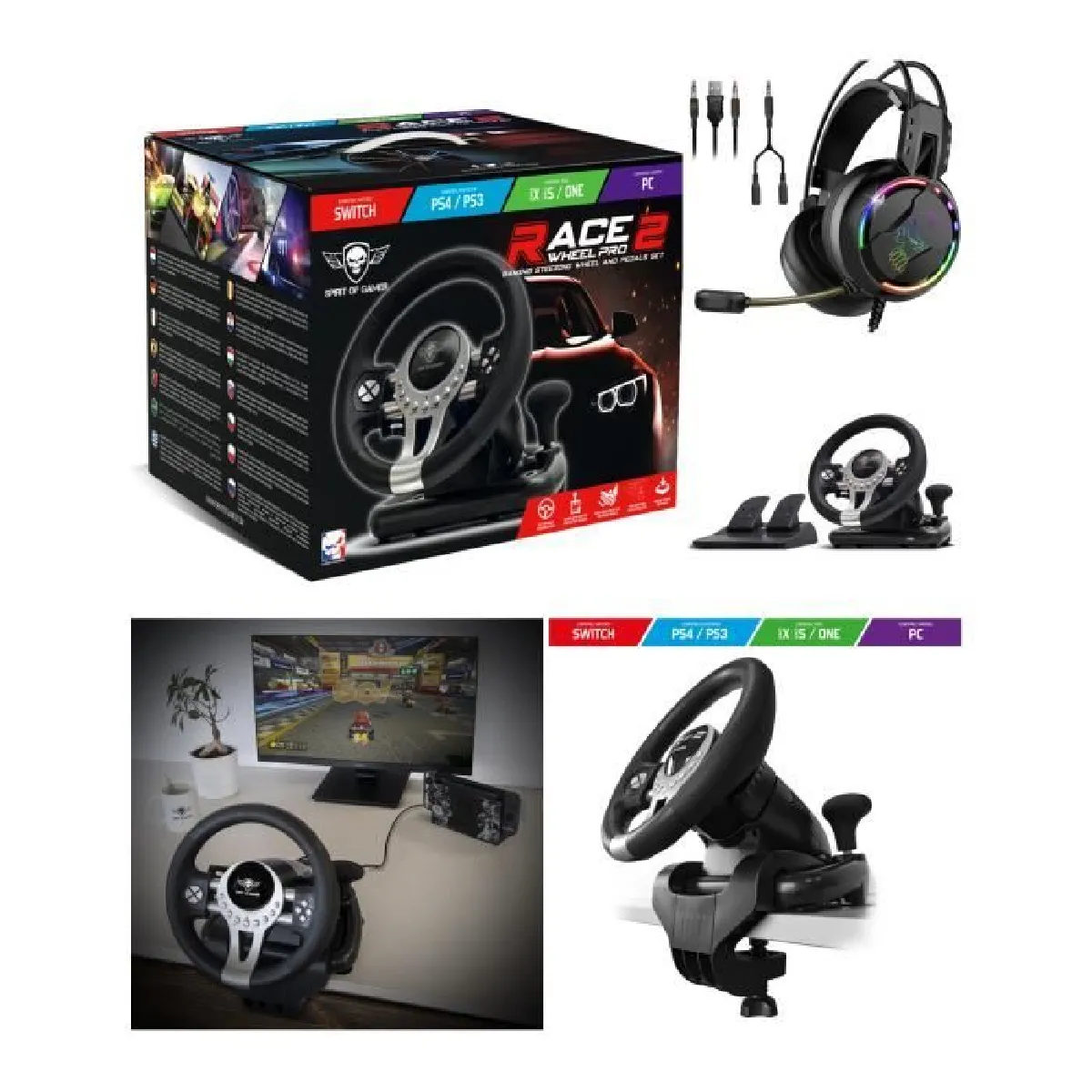 Volant et pédales de jeu Vidéo PRO Race compatible Xbox Séries X S PS3 PS4 SWITCH PC + Casque SPIRIT OF GAMER PRO MULTI CONSOLE