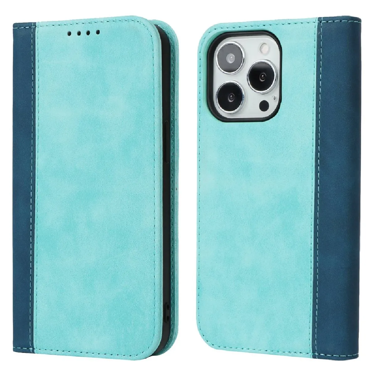 Etui en PU épissage bicolore, texture des mollets, auto-absorbant magnétique avec support pour votre iPhone 14 Pro - Bleu clair/bleu foncé