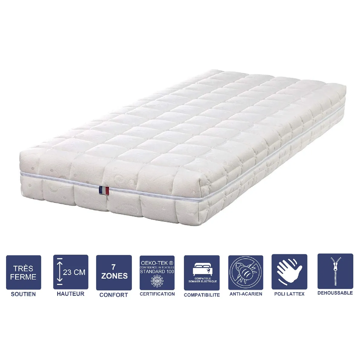 Matelas Mémoire de Forme + Alèse 160x200 x 23 cm Très Ferme - Spécial Sommier Electrique - Déhoussable Housse Lavable - 7 Zones de Confort - Noyau Poli Lattex HR Dernière Génération - Très Respirant