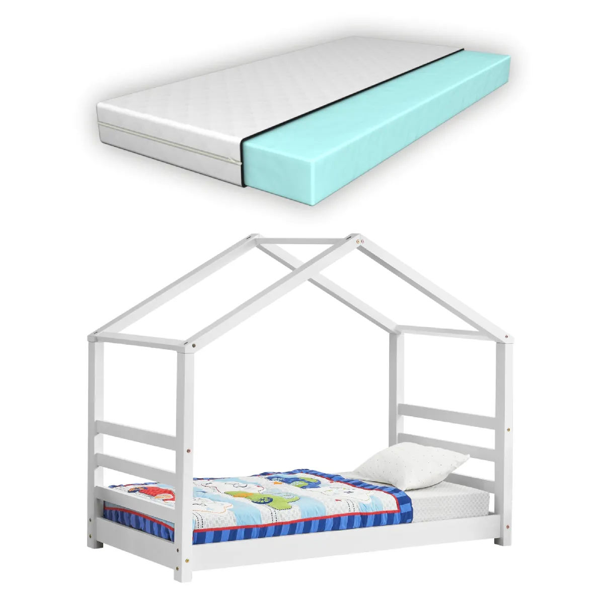 Lit pour enfant cabane maison avec matelas et sommier à lattes en bois de pin blanc 80 x 160 cm 03_0005493