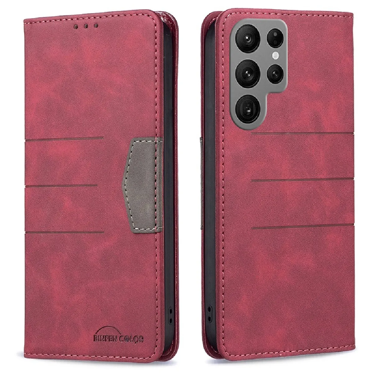 Etui en PU épissage de couleur, auto-absorbé magnétiquement pour votre Samsung Galaxy S23 Ultra - rouge