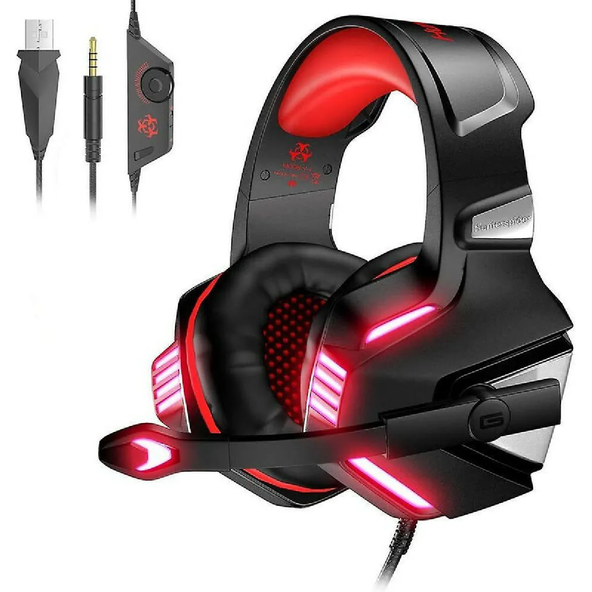 Casque Gaming pour PS4 PC Xbox One, Casque Gamer Audio Anti-bruit Filaire Avec Micro et LED Pour Nintendo Switch, Macbook, Ordinateur Portable - Rouge et Noir