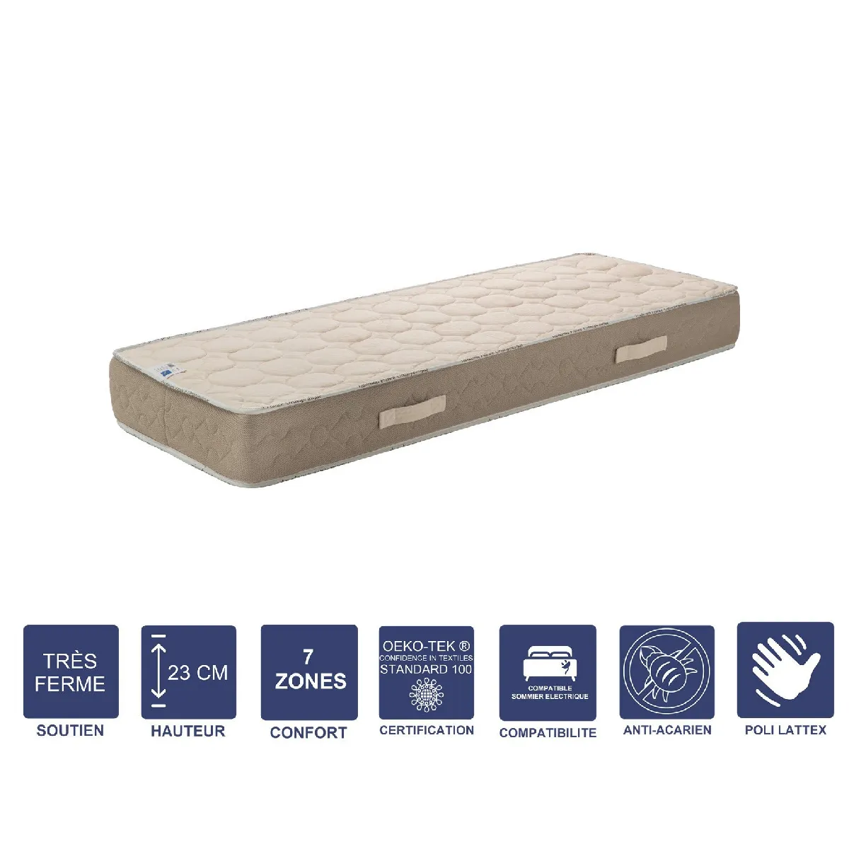 Matelas Latex Naturel 160x200 x 23 cm Très Ferme - Tissu 100% Coton - Spécial Sommier Electrique - 7 Zones de Confort - Noyau Poli Lattex HR Dernière Génération - Très Respirant