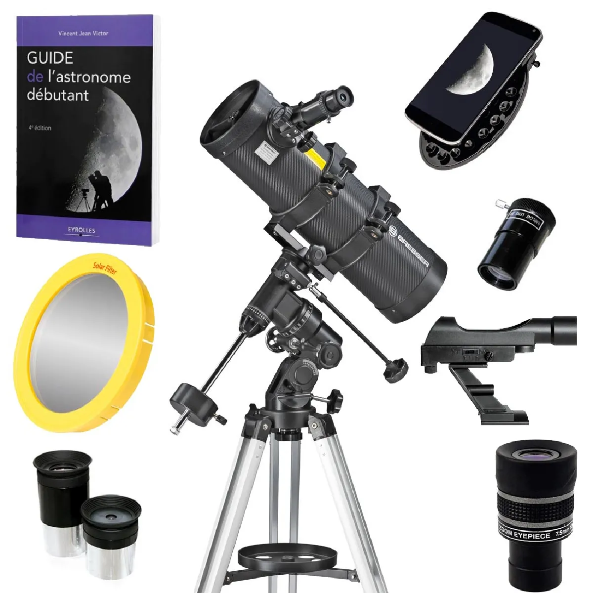 Pack Débutant Télescope Bresser Spica 130/1000 Monture EQ3 + Filtre Solaire + Oculaires + Zoom + Guide