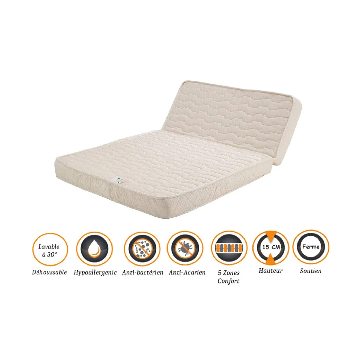 Matelas Ferme Pour BZ 160x200 x 15 cm - Dim Assise 60 cm - Déhoussable Housse Lavable - 5 zones de Confort - Ame Poli Lattex Haute Résilience - Hypoallergénique