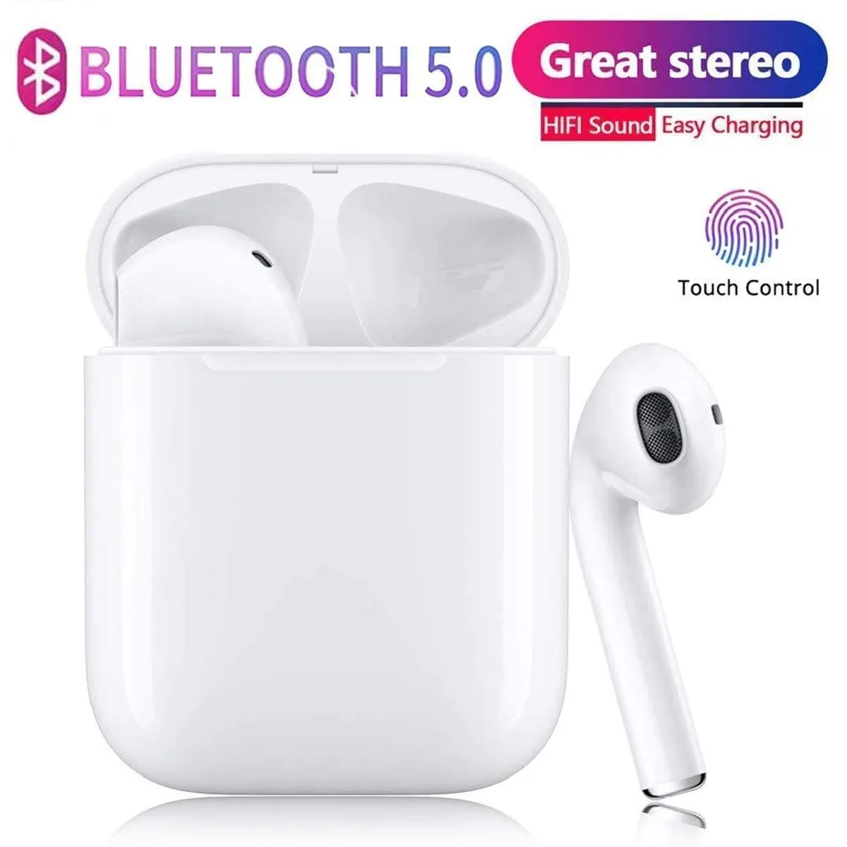 Écouteurs sans Fil Bluetooth 5.0 avec réduction de Bruit, Casques sans Fil 3D Stéréo Sonore Touch Control Pop-Up Auto Pairing Écouteurs, pour iPhone Android / Airpods (Blanc)